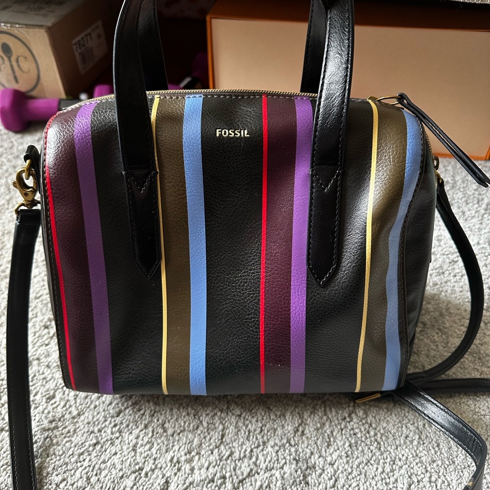Fossil Black and Purple Satchel with Striking Stripes